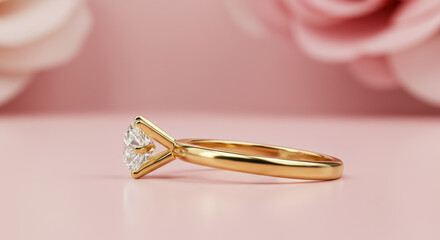A side profile view of a gold solitaire diamond ring with a classic cathedral setting