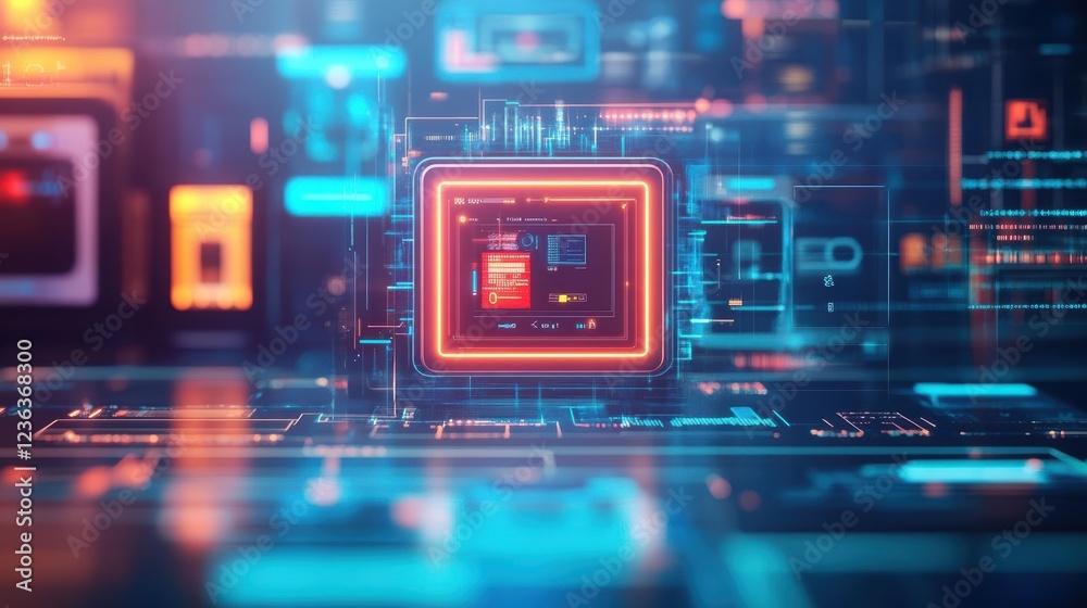 Aufkleber Illuminated Computer Processor with Glowing Red Light Showcasing Advanced Technology and Innovation in Modern Electronics and Digital Systems Design