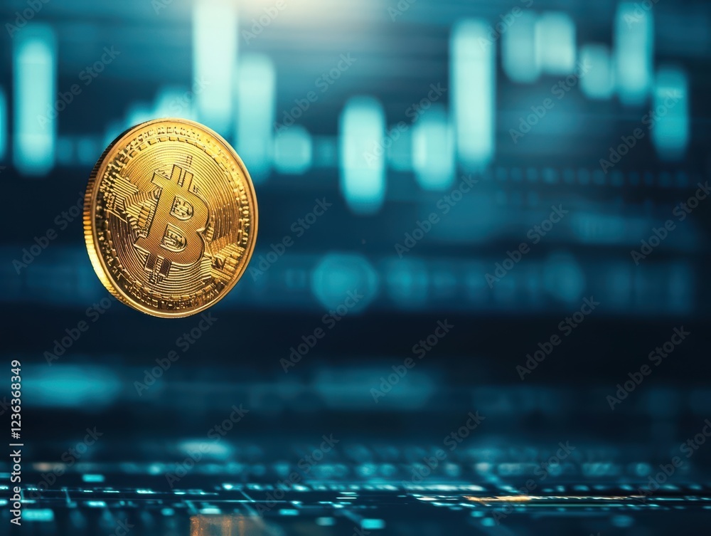 Poster A Close Up of a Golden Bitcoin Resting on a Modern Laptop Keyboard Symbolizing Digital Currency and Technology in Contemporary Financial World