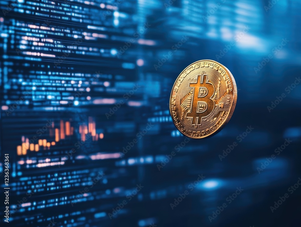 Poster intriguing digital representation of cryptocurrency with abstract patterns and bright colors symboli