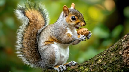 Naklejka premium A squirrel holding a nut in its paws while perched on a tree branch.
