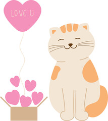 Cute Cat with Love Balloon and Hearts