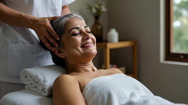 Mature Indian woman with grey hair enjoying a facial massage in a spa room 