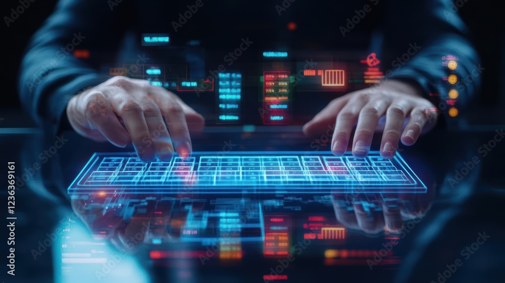 Poster Focused Individual Engaged in Digital Work Using Computer Keyboard in Modern Workspace with Soft Ambient Lighting for Enhanced Productivity and Creativity
