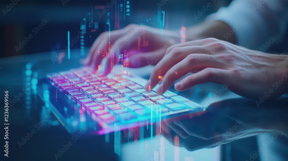 Poster Focused Individual Engaged in Typing on a Modern Keyboard in a Bright Workspace Conveying a Sense of Productivity and Digital Communication