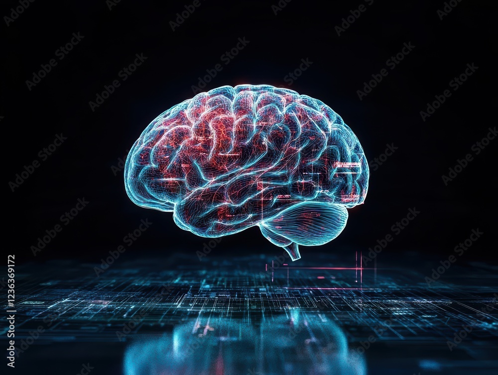 Poster intriguing illustration of a human brain intertwined with complex electronic circuits depicting the 