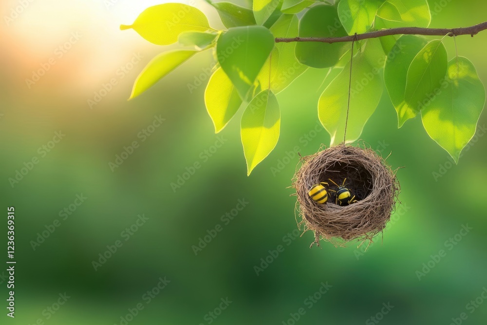 Poster A Delicate Bird Suspended from a Branch Surrounded by Lush Greenery Under Soft Sunlight Creating a Peaceful and Natural Atmosphere Outdoors