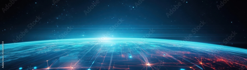 Poster vibrant blue earth surrounded by intricate network of red and orange lines symbolizing global connec