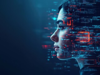 Captivating Portrait of a Woman with a Vibrant Digital Background Highlighting Modern Artistry and Expression in a Unique and Futuristic Context