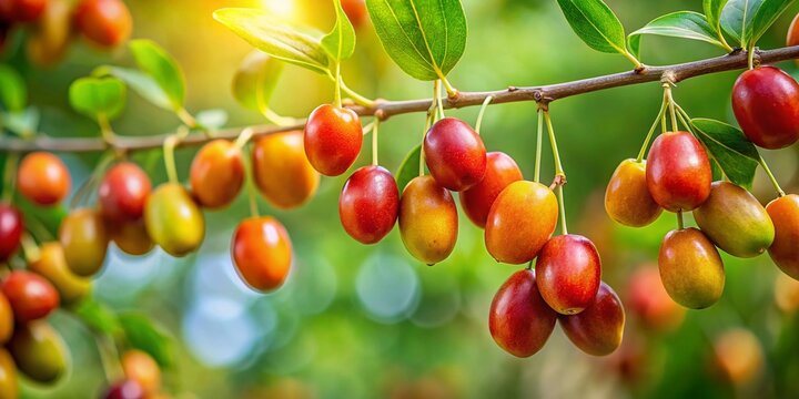 Fresh Zizyphus Fruits Hanging on Tree Branch, Close-Up Stock Photo