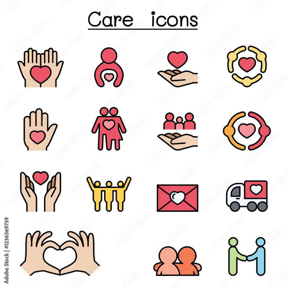 Poster Care, Charity, Kindness icon set in thin line style