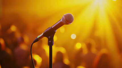 Obraz premium close up of studio microphone on stand, illuminated by warm stage lights, creating inviting atmosphere for performers and audiences alike