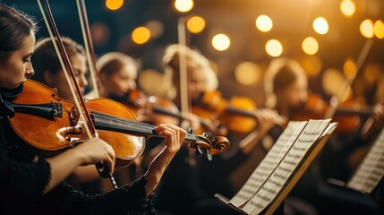 A symphony orchestra performing on a grand stage under warm lighting.
