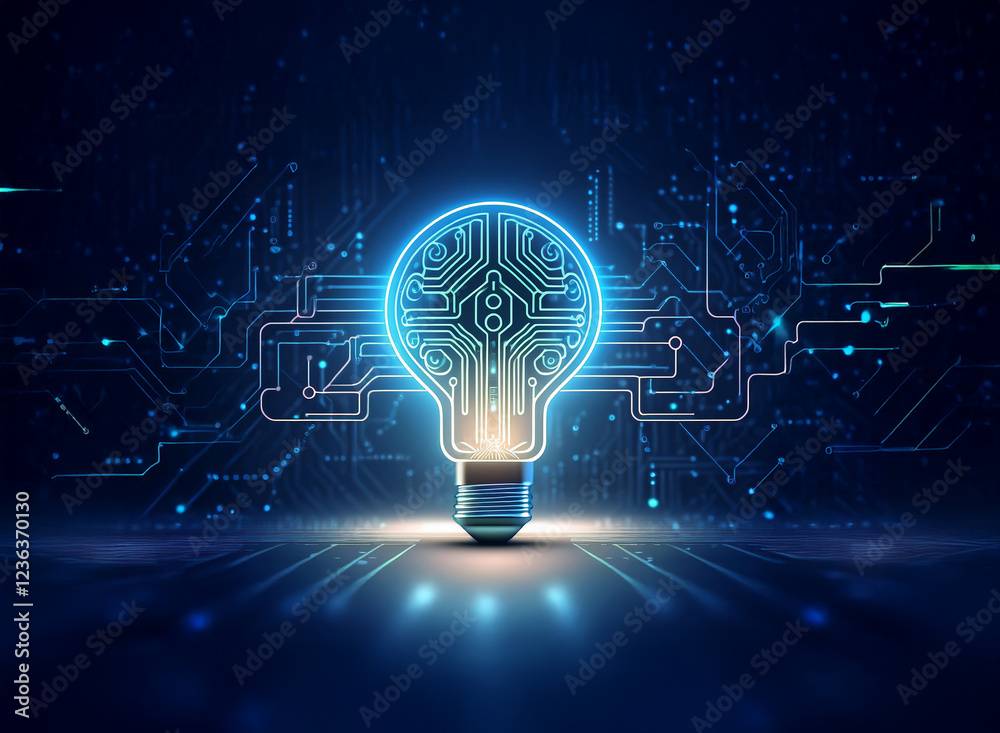 Poster a glowing lightbulb, its filament replaced by intricate circuitry, sits on a digital circuit board b
