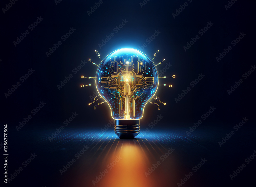 Poster a glowing lightbulb, its interior a complex circuit board, symbolizes innovation and technological a