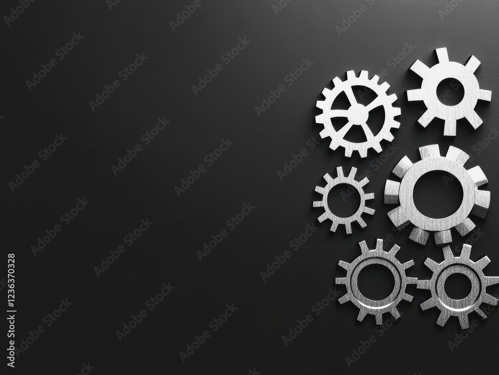 Poster intricate arrangement of metallic gears on deep black background showcasing precision engineering an