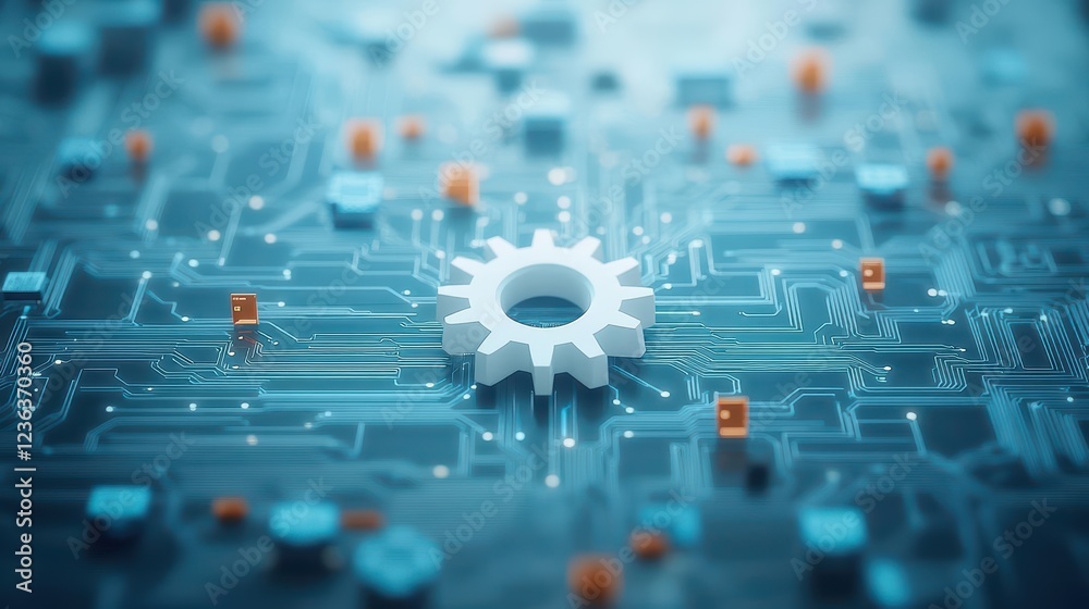 Poster Intricate Gearwheel Set Against a Complex Circuit Background Symbolizing Innovation and Technology in a Modern Engineering Environment