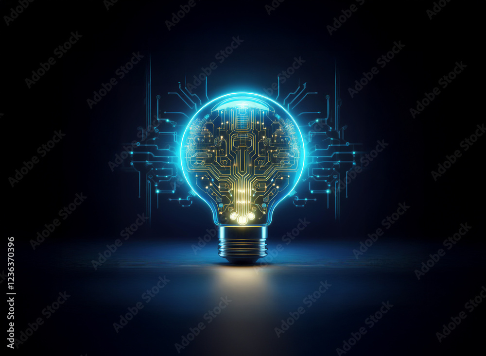 Poster a glowing lightbulb, its interior a complex circuit board, symbolizes innovation and technological a