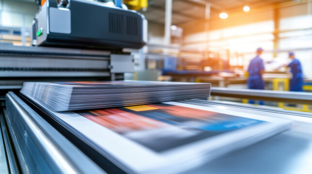 Modern magazine printing facility in action, showcasing stacks of printed materials on conveyor belt, with workers in background