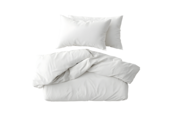 Blank white bed mock up, top view. Empty blanket and pillows mockup in bedstead on white background