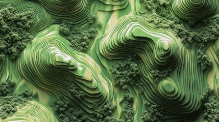 Layered Green Landscape With Textured Hills And Shrubs.