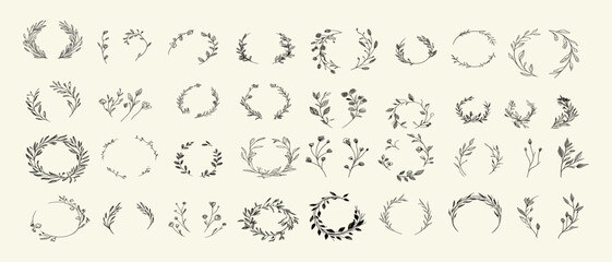 Botanical wedding invitation elements, minimalist floral branch, elegant leaves, hand-drawn wreath borders, frame corners, and dividers for save the date.