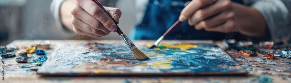 Poster a person passionately painting on a large canvas with a brush in a bright studio filled with vibrant