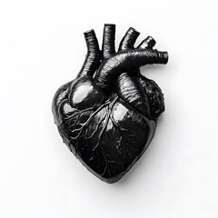  Glossy Black Anatomical Heart Sculpture on White Background