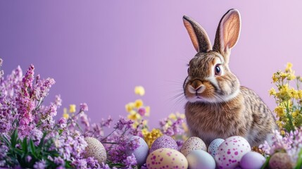 Fototapeta premium A charming rabbit among colorful Easter eggs and vibrant yellow flowers on a joyful colored background, portraying the joy and renewal of spring festivities and seasonal decorations.