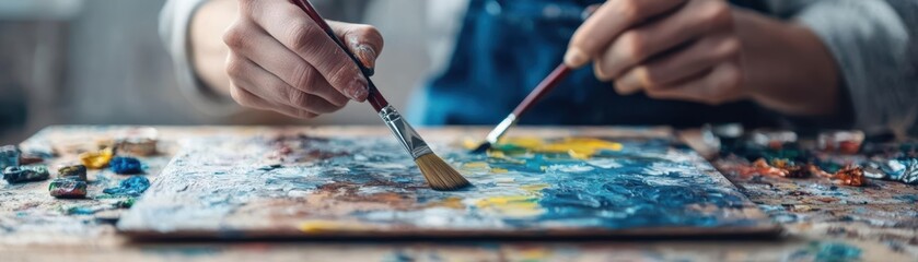 Obraz premium A person passionately painting on a large canvas with a brush in a bright studio filled with vibrant colors and artistic inspiration surrounding them