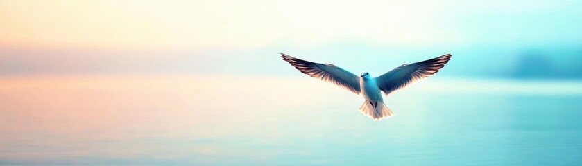 Fototapeta premium Majestic Bird Soaring Gracefully Over Tranquil Water Surface Under Clear Sky Evoking Sense of Freedom and Natural Beauty in Serene Environment