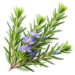 Fototapeta premium rosemary branch (Rosmarinus officinalis) isolated on a pure white background. the needle-like leaves with their dark green colour and textured surface