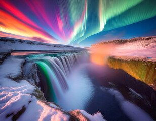Mesmerizing Aurora Over Dettifoss Waterfall in a Winter Wonderland, Iceland