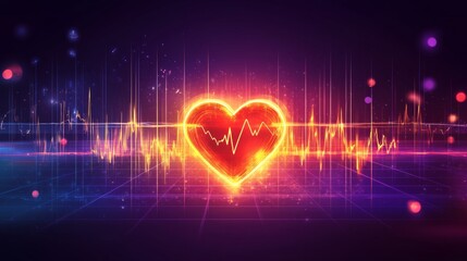 Glowing Red Heart Icon with Digital Heartbeat on Grid Background Vector Illustration of Healthcare