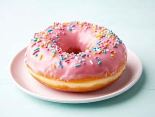 Delicious Pink Donut Topped with Colorful Sprinkles on a Bright Background Evoking Joy and Sweetness Perfect for Dessert Lovers and Food Photography