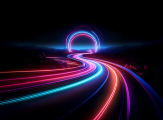 A vibrant, glowing road curves through a dark, surreal landscape towards a neon ring.  The vibrant colors suggest speed and energy.