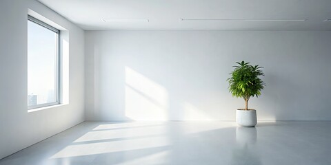Minimalist drone shot: clean white wall, small plant, modern home decor; empty space invites design.