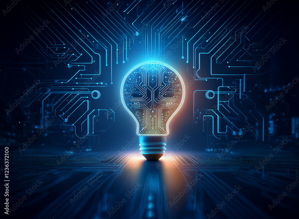Poster a glowing lightbulb, its filament a complex circuit board, sits on a dark, technological background.