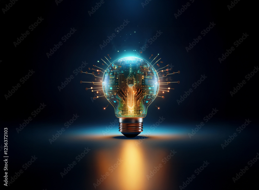Poster a glowing lightbulb, its interior filled with intricate circuitry, symbolizes innovation and technol