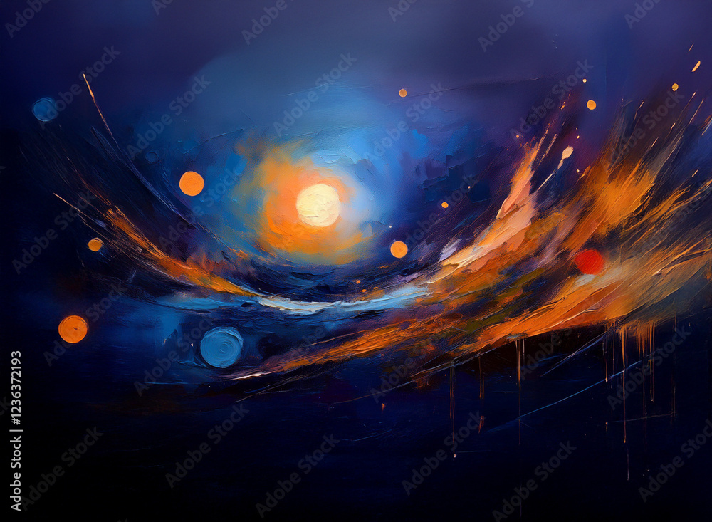 Poster abstract cosmic landscape painting. vibrant oranges and blues swirl, creating a sense of movement an