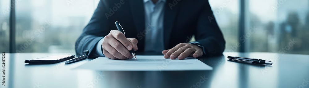 Aufkleber professional man in formal suit concentrating on writing on paper in a minimalist office setting ref