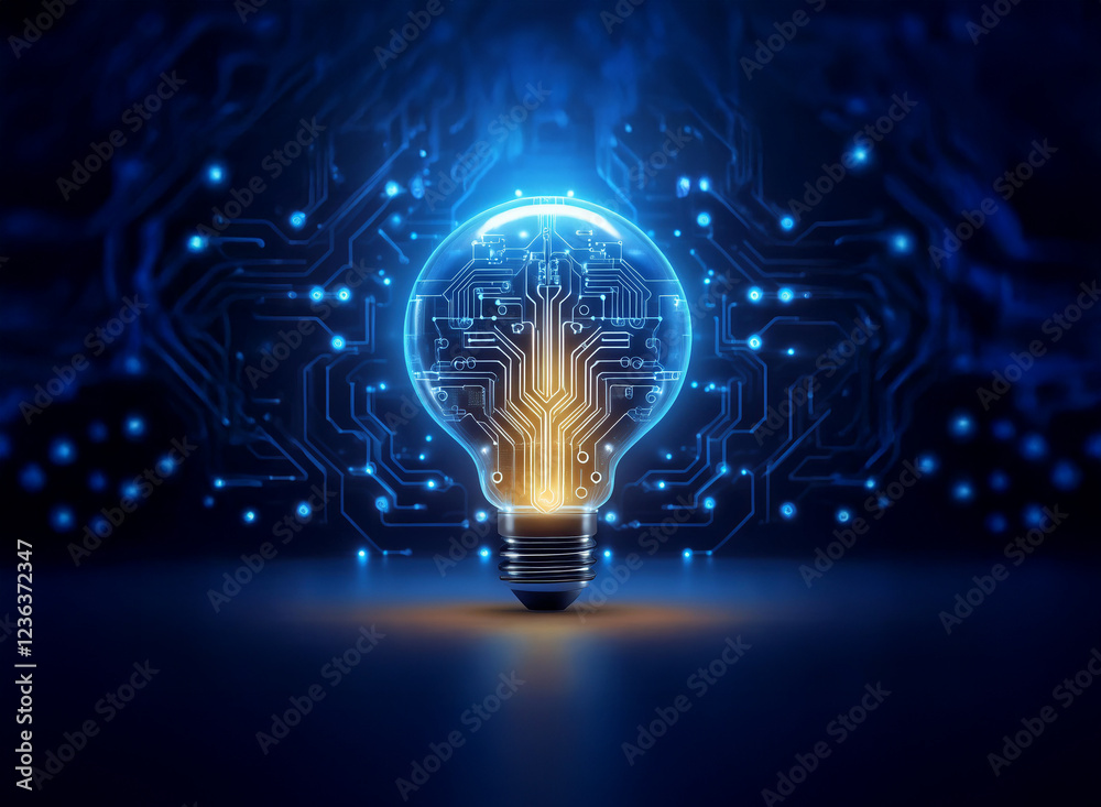 Poster A glowing lightbulb, its filament replaced by intricate circuitry, sits on a dark, reflective surface amidst a vibrant, digital backdrop.  This symbolizes innovation and technological advancement.