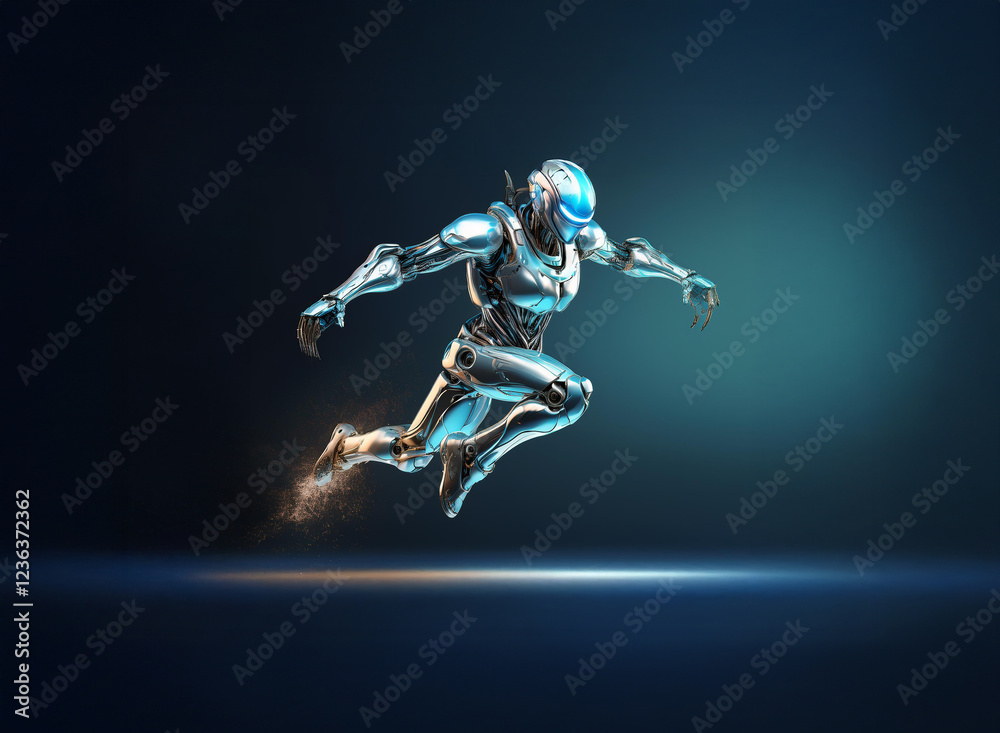 Poster a futuristic silver robot leaps forward, glowing with blue energy, against a dark background. its dy