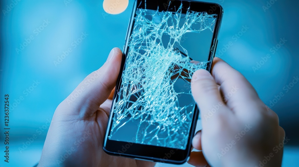 Poster closeup of a person holding a smartphone with a shattered screen revealing cracks and damage emphasi
