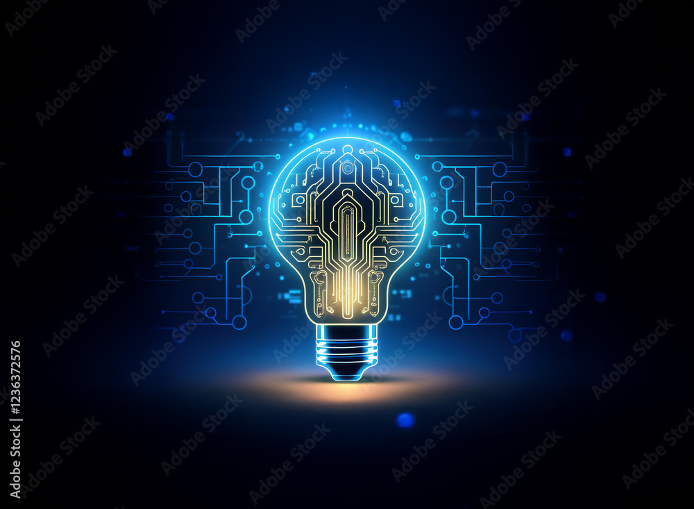 Poster A glowing lightbulb with a circuit board inside, symbolizing innovation and technological advancement.  Surrounded by digital circuitry, it represents the fusion of ideas and technology.