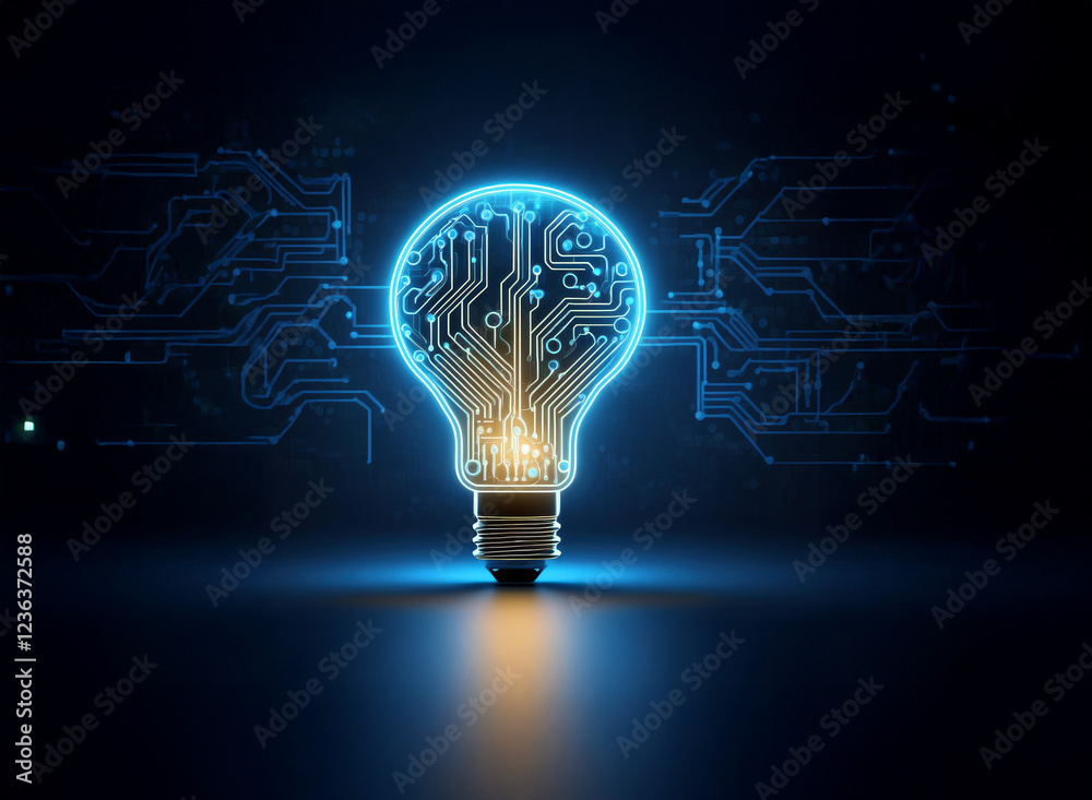 Poster glowing lightbulb with integrated circuit board design, symbolizing innovative technology and bright