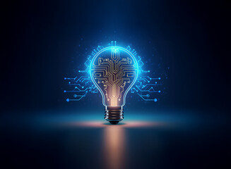 A glowing lightbulb with a circuit board inside, symbolizing innovation and technological advancement.  The image evokes a sense of futuristic ideas and digital intelligence.