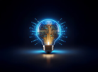 A glowing lightbulb, its interior a complex circuit board, emits a brilliant light surrounded by digital data streams.  This symbolizes innovation and technological advancement.
