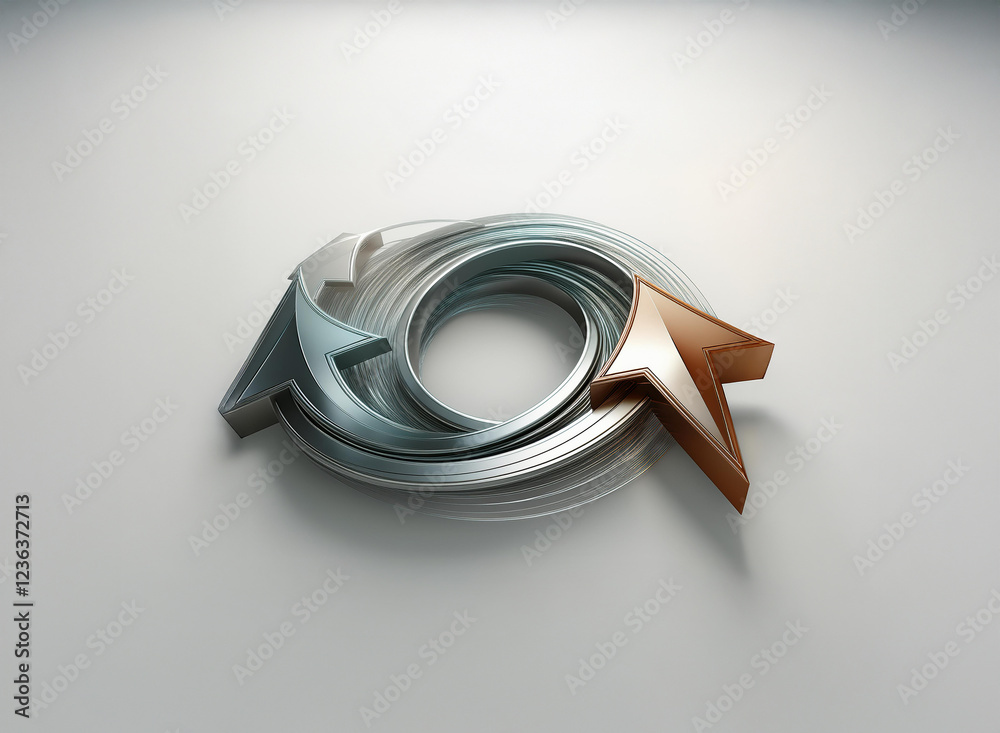 Fototapete Interlocking metallic arrows form a circular, dynamic symbol, suggesting continuous movement and progress. The cool-toned arrows contrast with a warmer-toned accent.  Its sleek, modern design conveys 