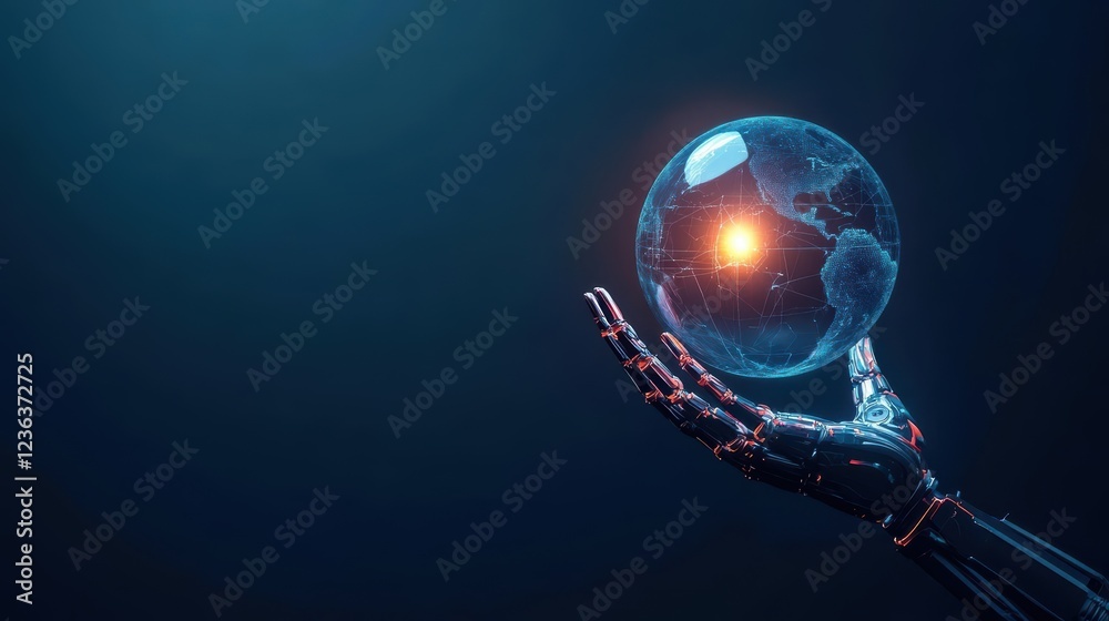Poster A Futuristic Robot Holding a Globe Symbolizing Global Unity and Technology Progress in a Vibrant and Dynamic Sci Fi Environment with Bright Colors